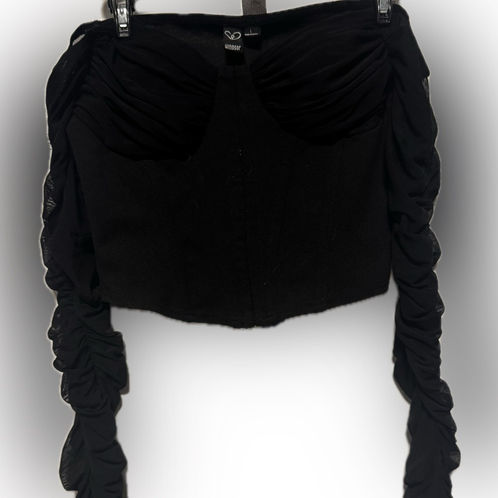 Windsor Black Corset Bustier Top w/ Ruched Mesh Sleeves